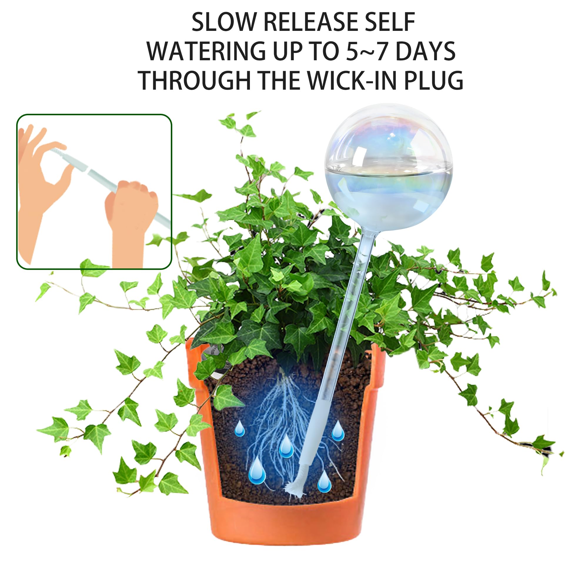 ULTRNICC iridescent glass globe adds charm while preventing soil drying.