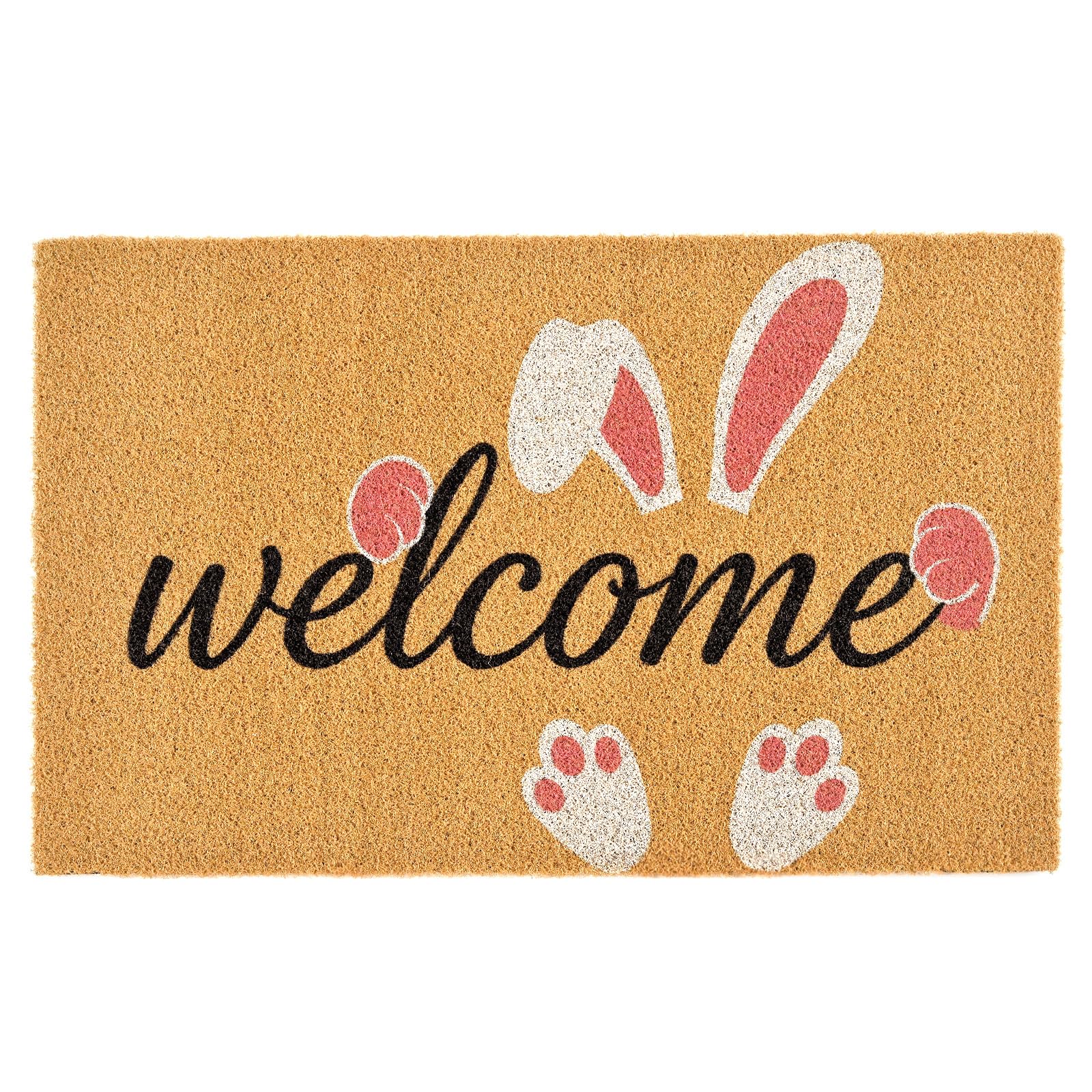 ULTSOFE Easter Bunny Welcome Mat at front door with non-slip backing for safe entry