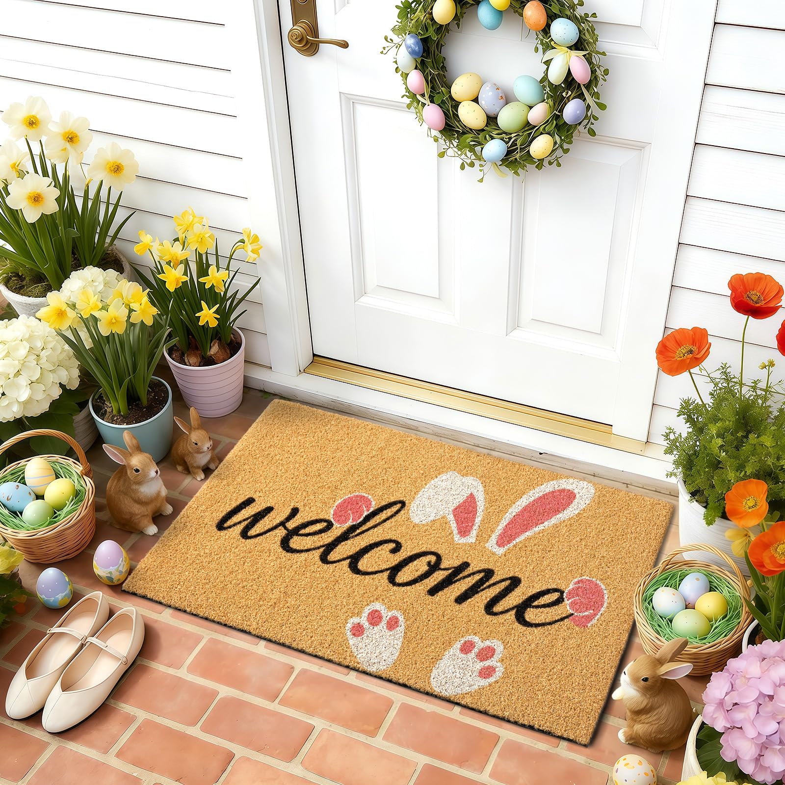 ULTSOFE Easter Bunny welcome mat on porch adds charm and weather resistance
