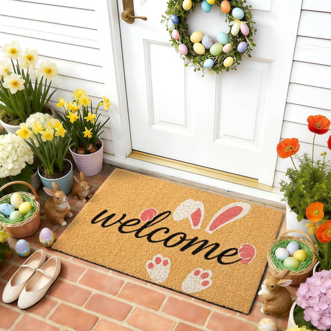 ULTSOFE Easter Bunny welcome mat on porch adds charm and weather resistance