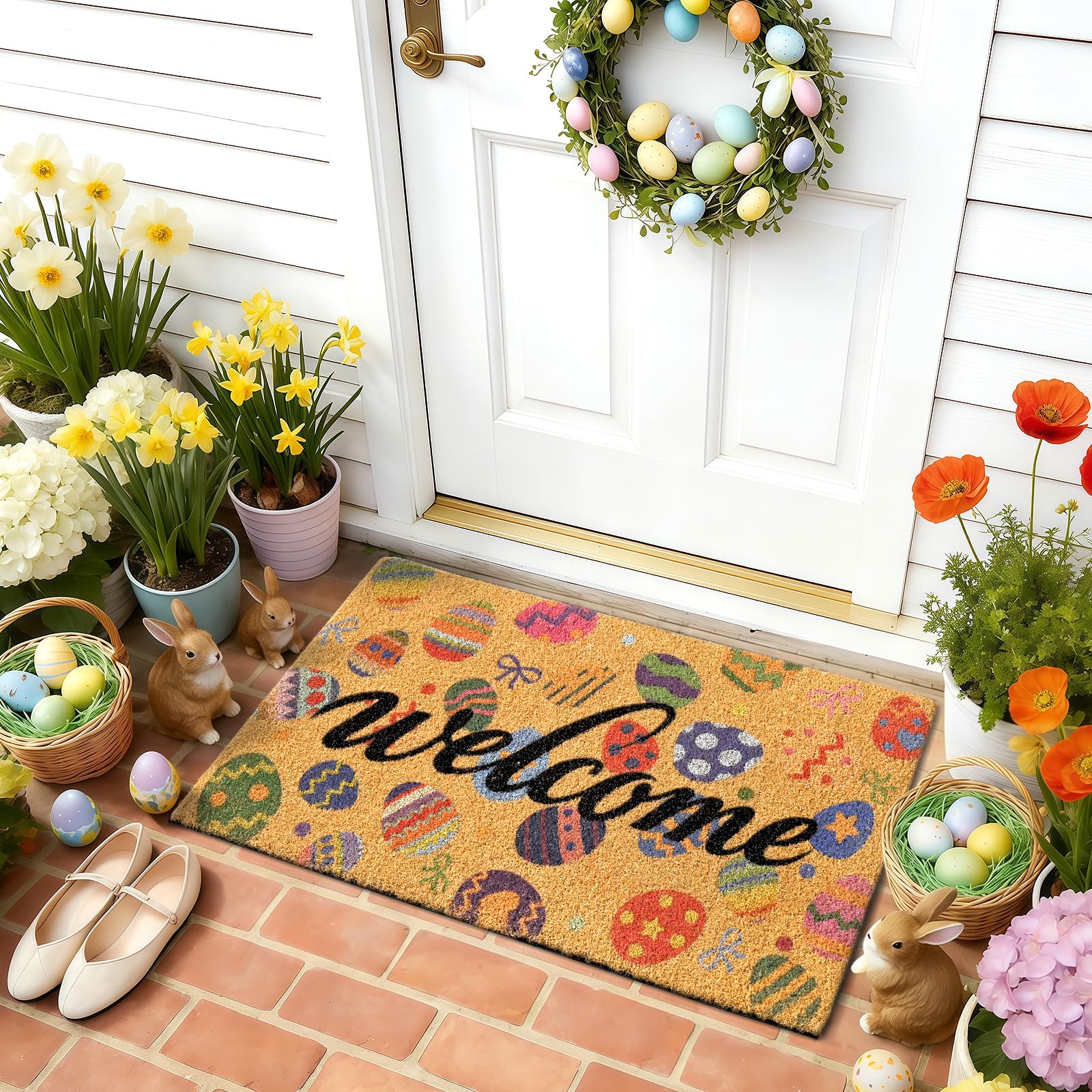 ULTSOFE Easter Eggs Welcome Mat on porch conveying seasonal charm and curb appeal