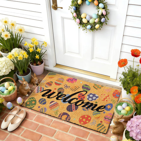 ULTSOFE Easter Eggs Welcome Mat on porch conveying seasonal charm and curb appeal