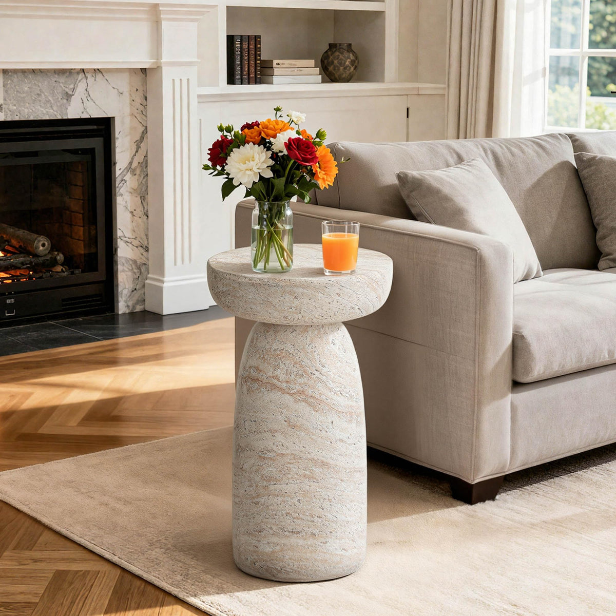 Ultym 24-inch outdoor side table with geometric pedestal for versatile patio use