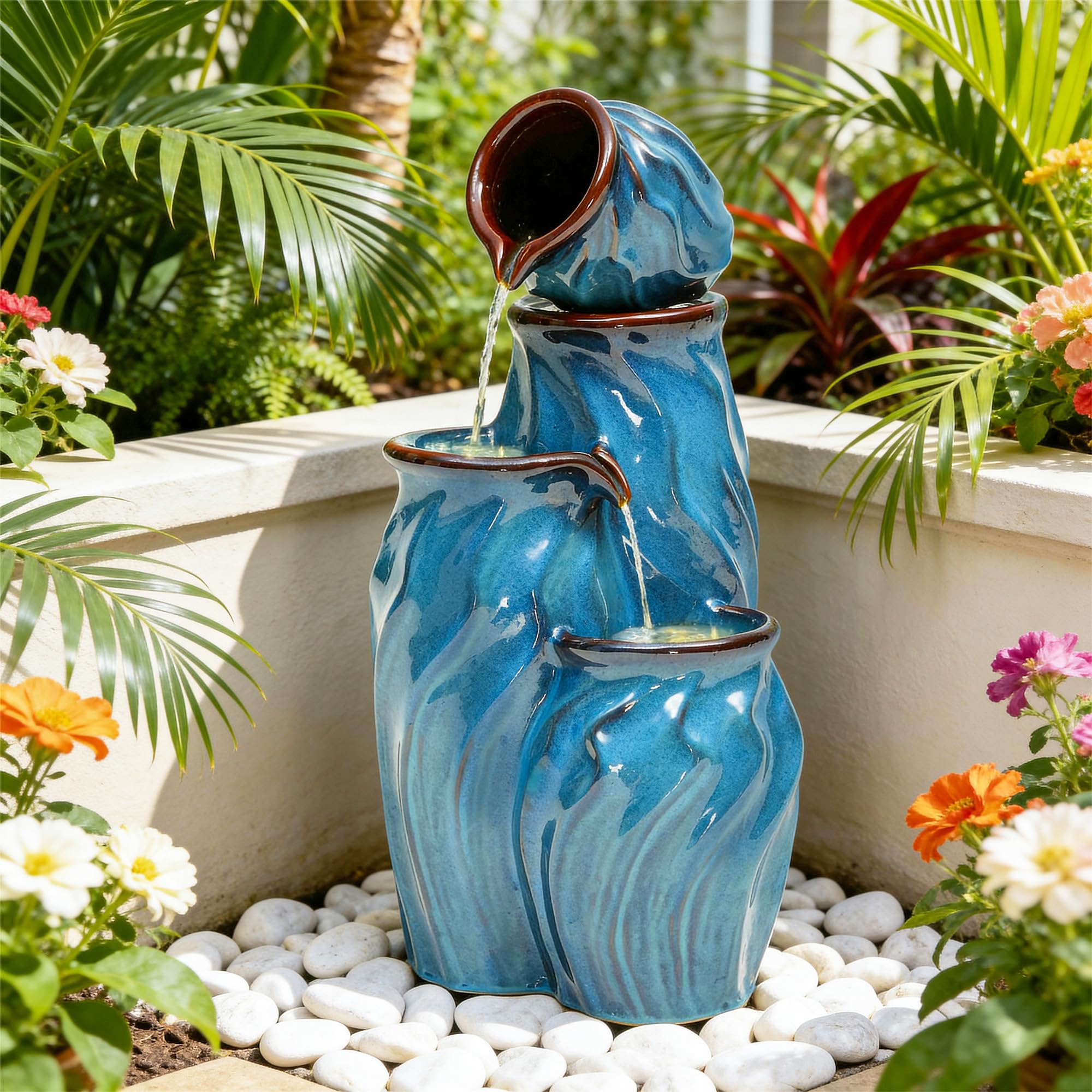 Ultym four-tier ceramic fountain with turquoise glaze forms a striking outdoor centerpiece