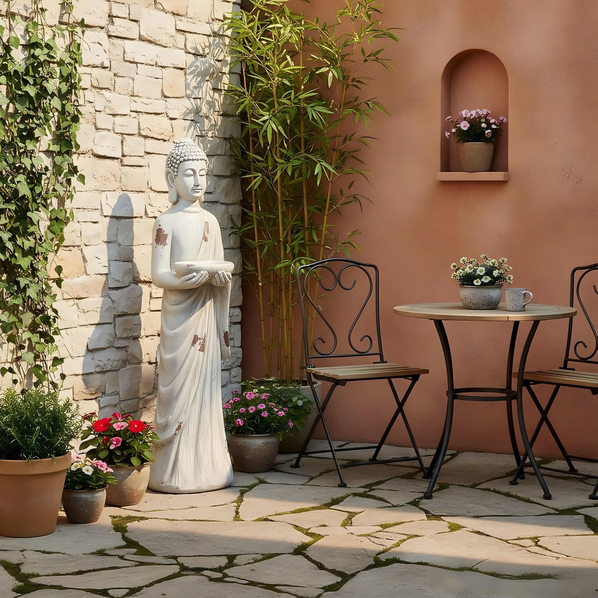 Ultym Buddha garden statue with gray finish elevates curb appeal and meditative ambiance.