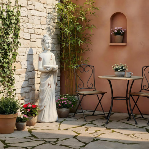 Ultym Buddha garden statue with gray finish elevates curb appeal and meditative ambiance.