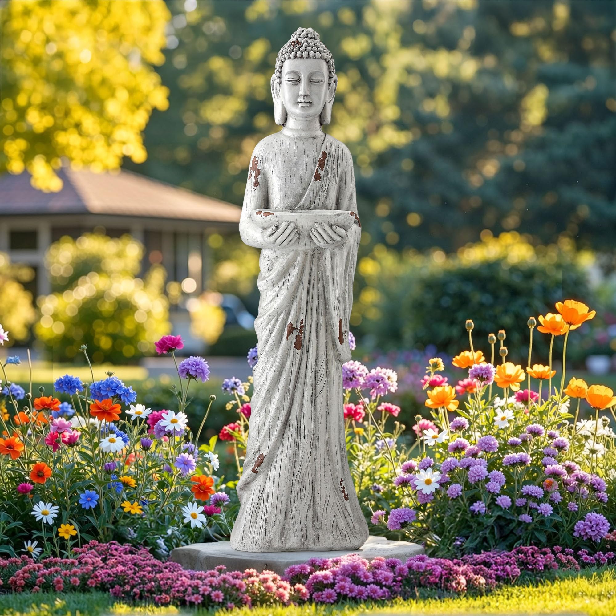 Ultym Buddha outdoor statue with birdfeeder enhances garden serenity and birdwatching opportunities.