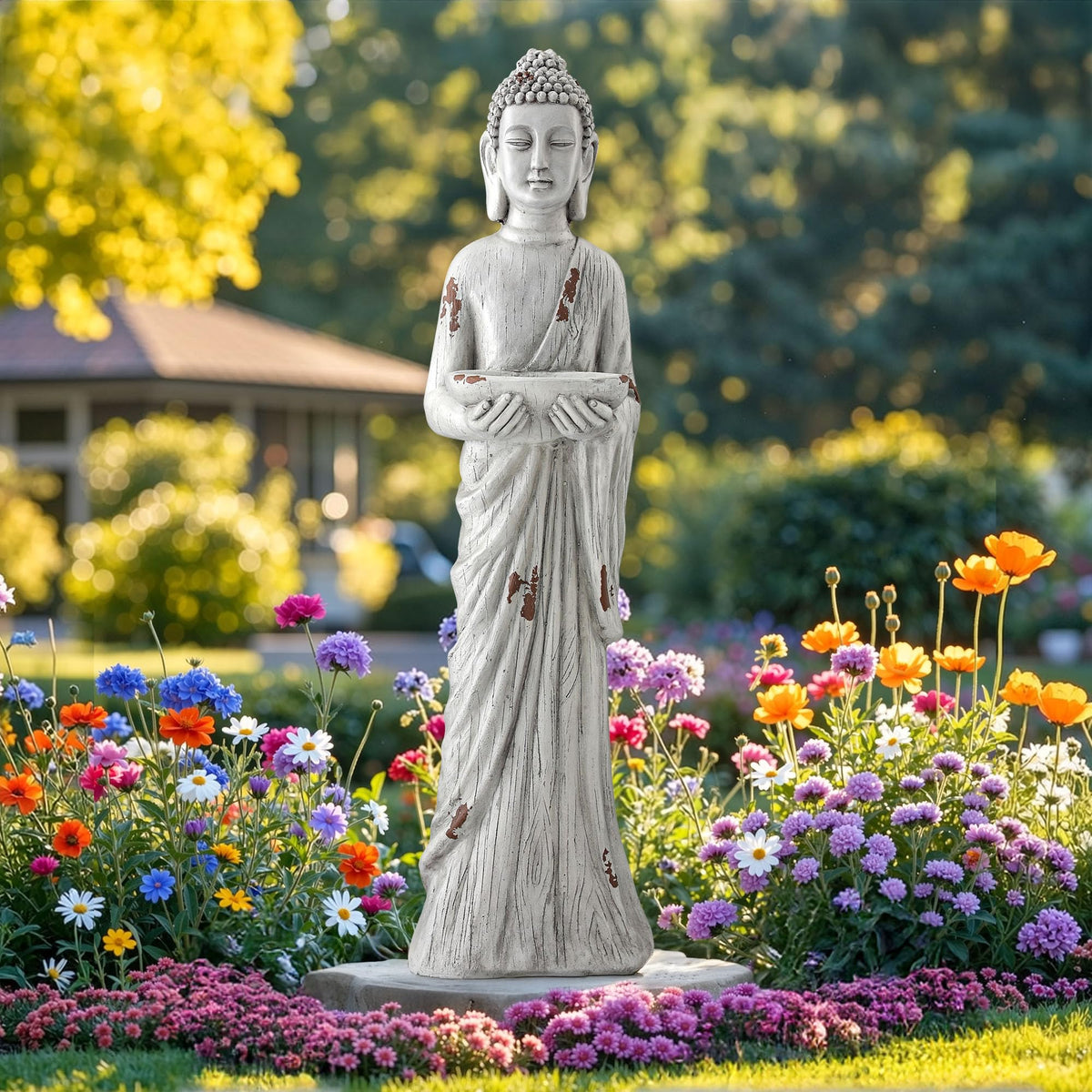 Ultym Buddha outdoor statue with birdfeeder enhances garden serenity and birdwatching opportunities.
