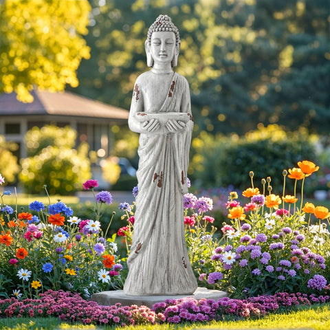Ultym Buddha outdoor statue with birdfeeder enhances garden serenity and birdwatching opportunities.