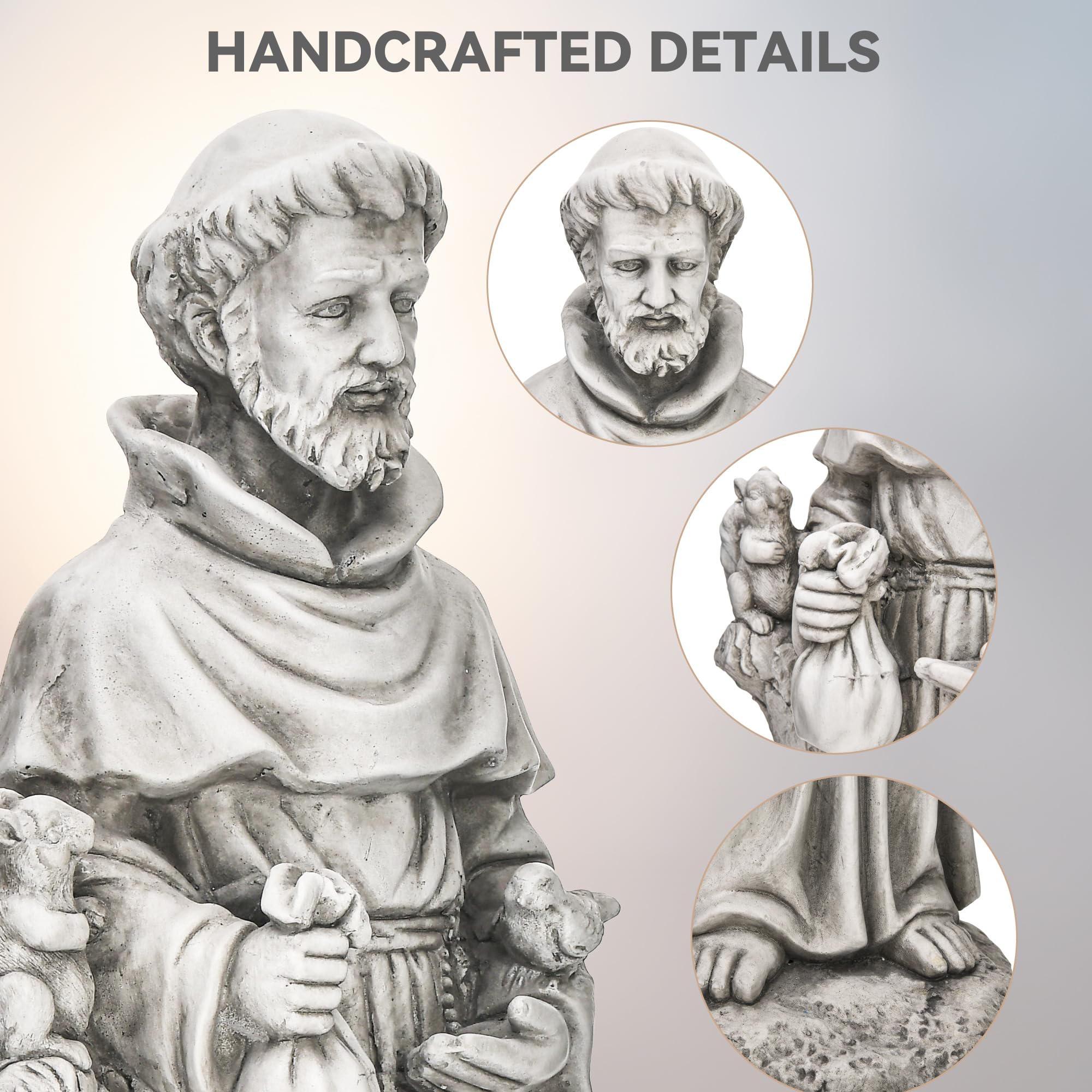 Ultym Francis statue with outstretched hand for seed offering to birds.