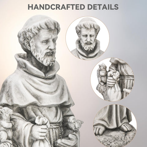 Ultym Francis statue with outstretched hand for seed offering to birds.