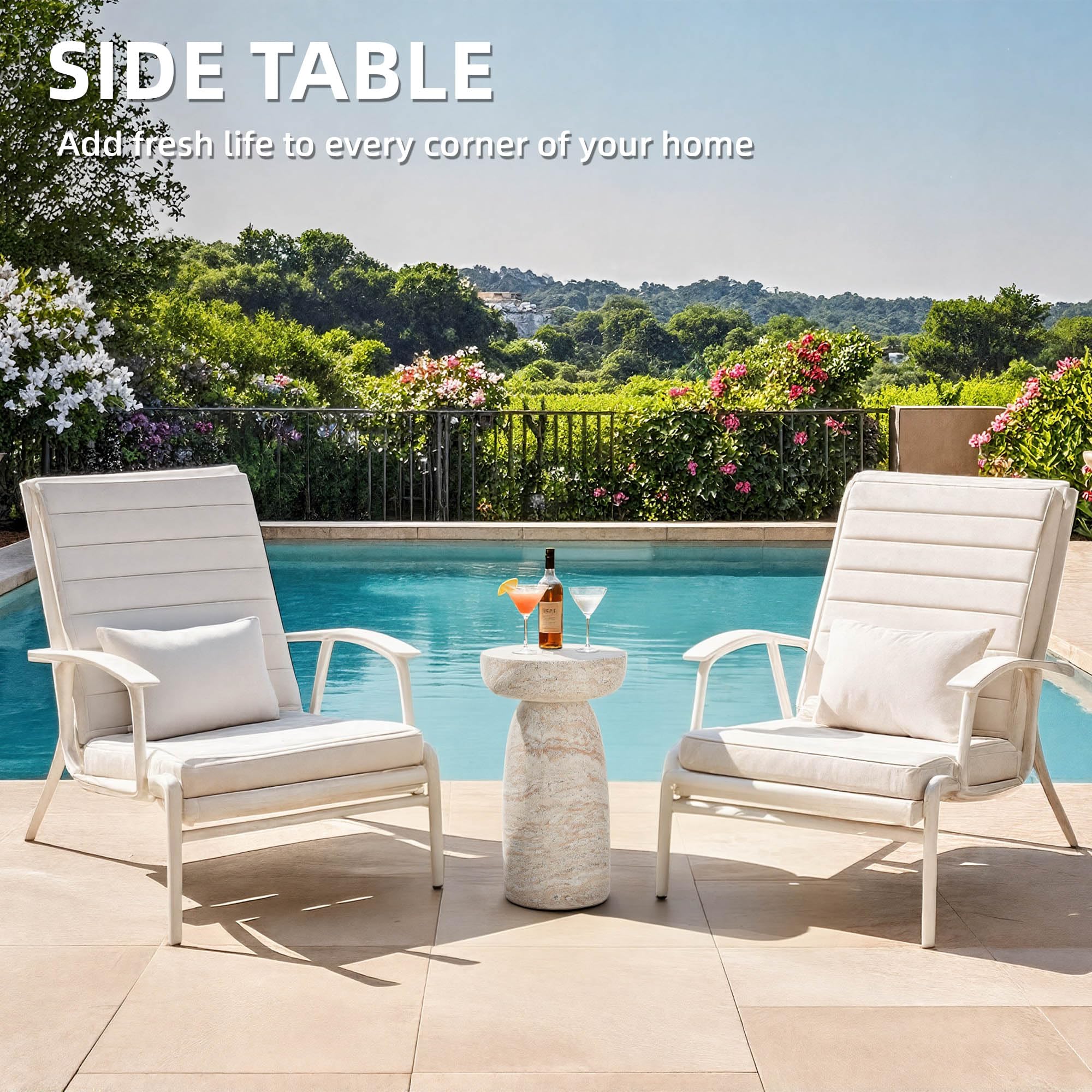 Ultym patio setup shows planter stand pairing with compact table