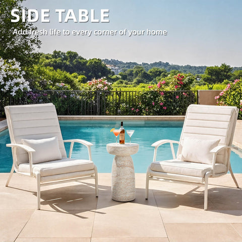 Ultym patio setup shows planter stand pairing with compact table