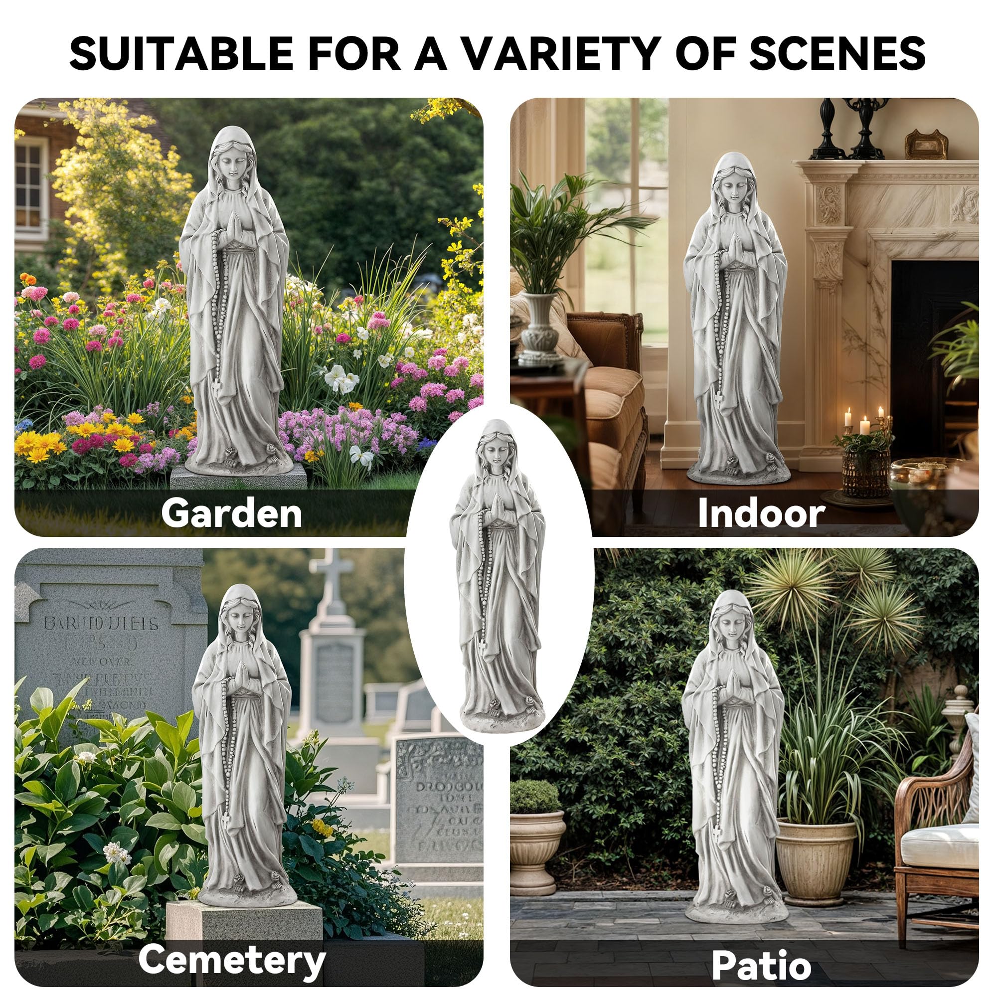 Ultym Virgin Mary garden setup creates tranquil outdoor ambiance.