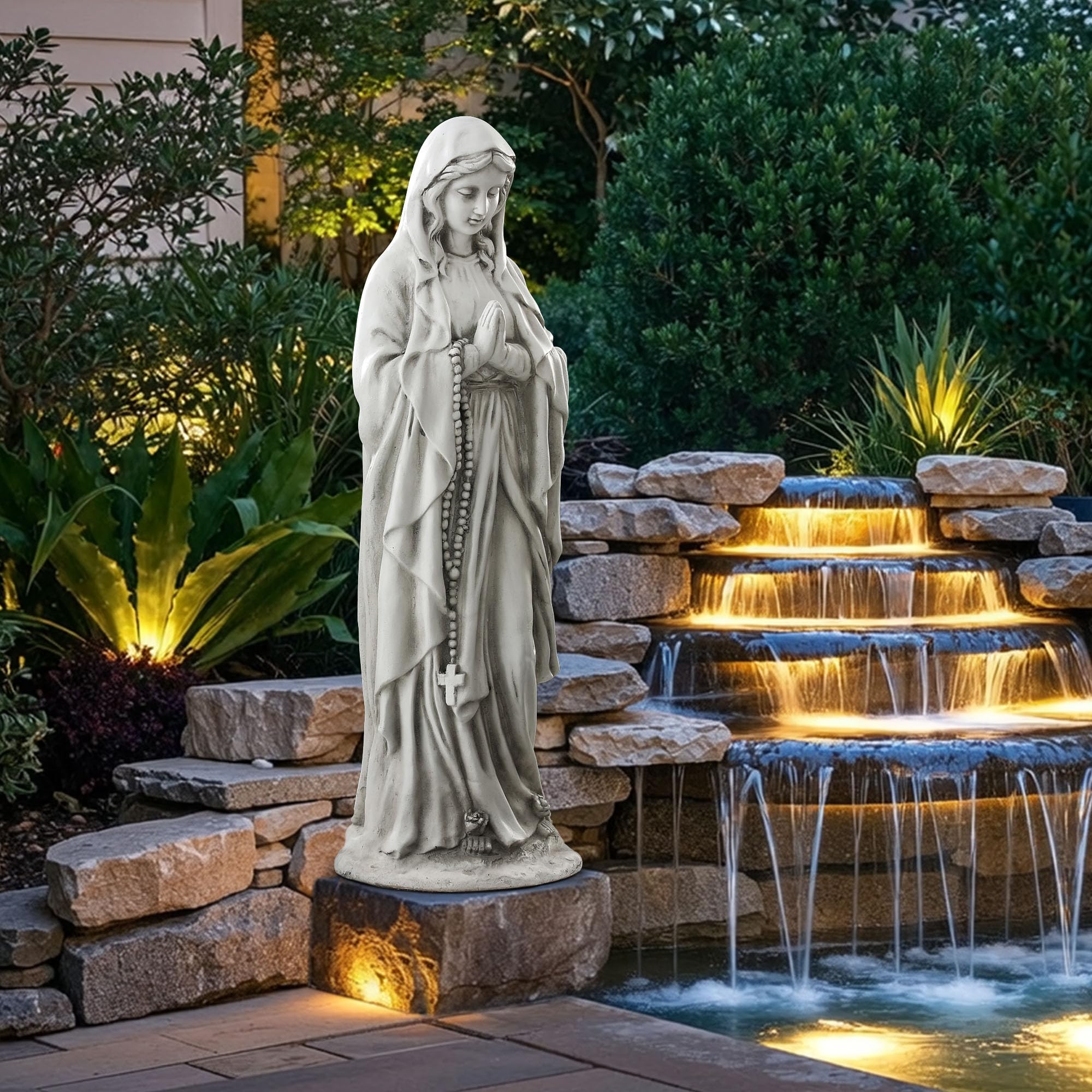 Ultym Virgin Mary statue side view outdoors highlights durable outdoor decor.