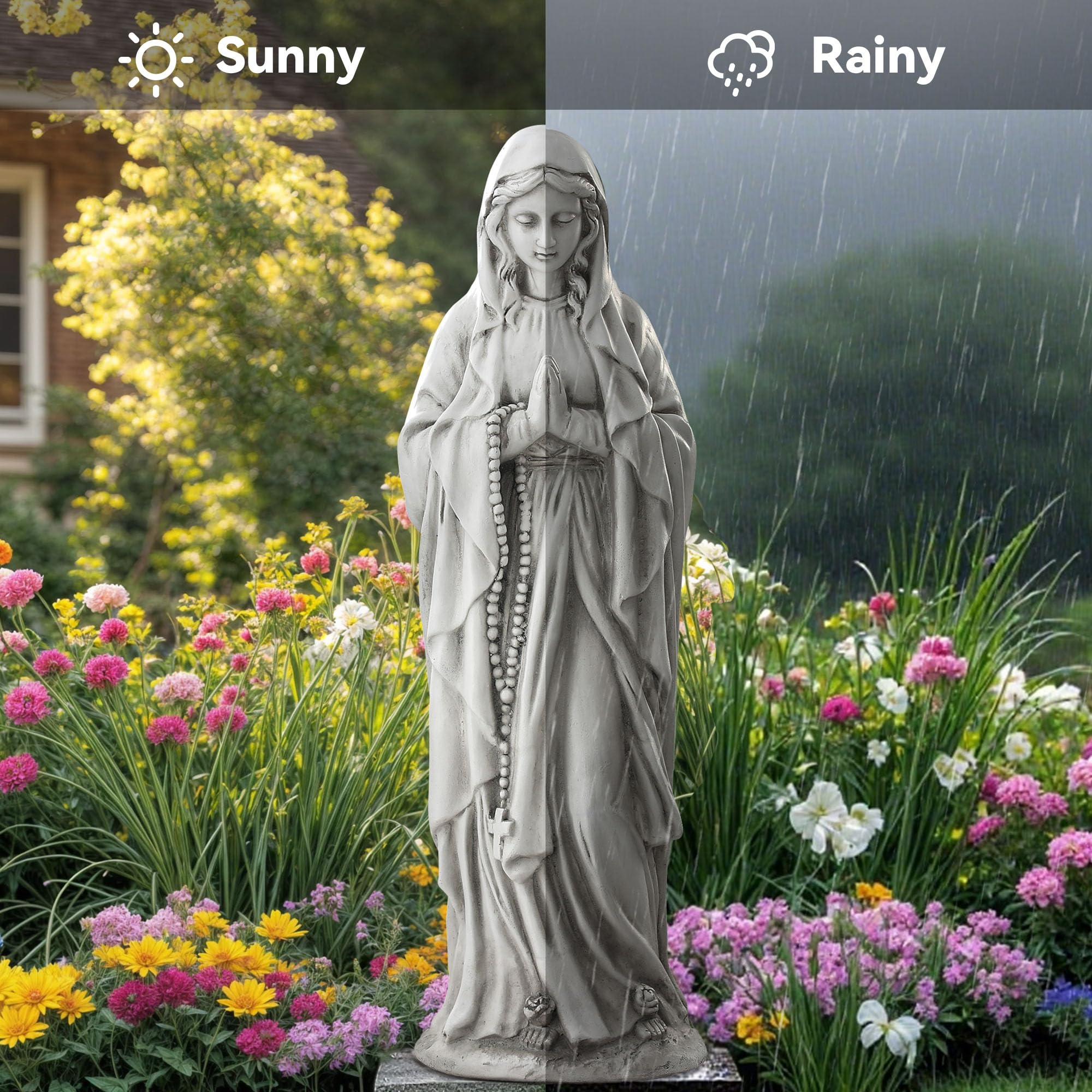 Ultym Virgin Mary statue showcases weather durability for year-round display.