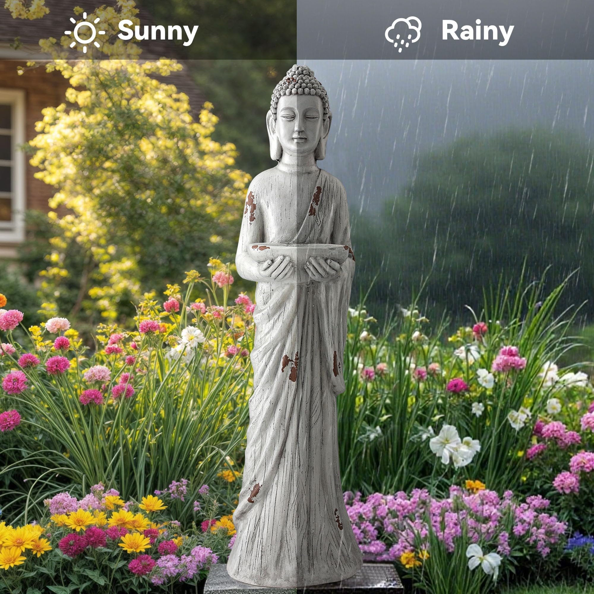 Ultym weatherproof Buddha sculpture resists rain and sun for lasting garden beauty.
