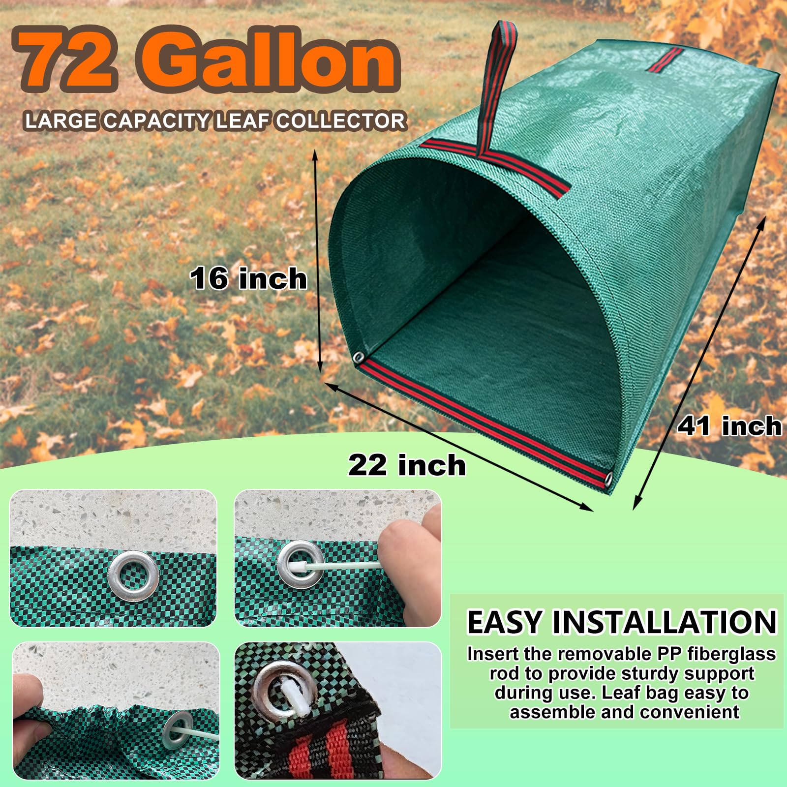 UmBgodn 72 gallon leaf collector side view highlights sturdy fabric and reinforced handles