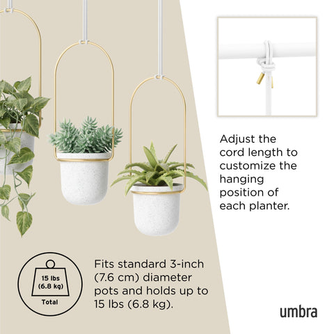 Umbra Triflora outdoor-ready hanging planter suitable for balcony use.