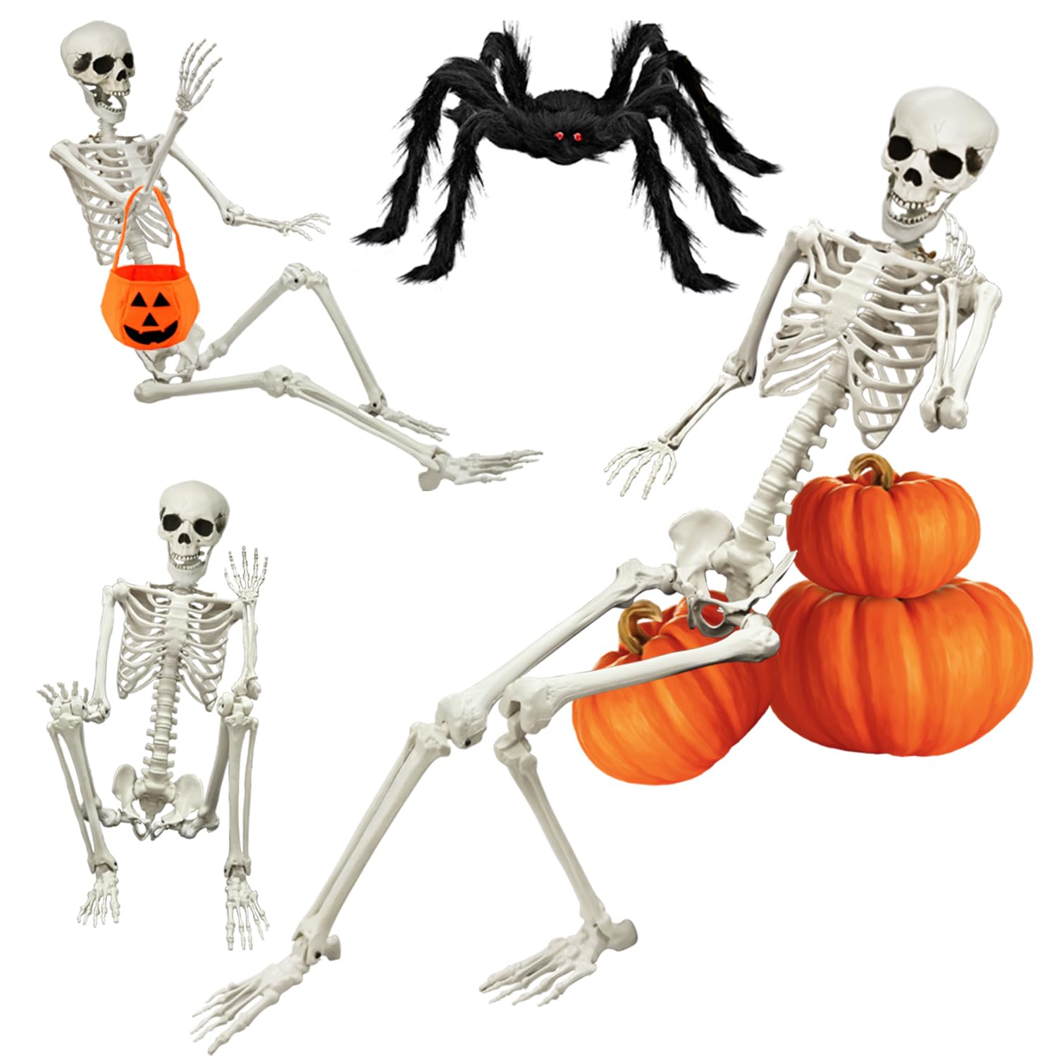 UMEELR 5.4ft skeleton with spider and pumpkin bag for outdoor Halloween display.