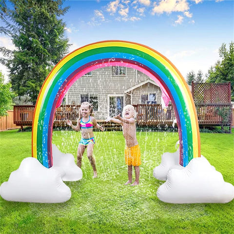 UMEELR inflatable rainbow sprinkler arch for outdoor summer fun and cooling play.