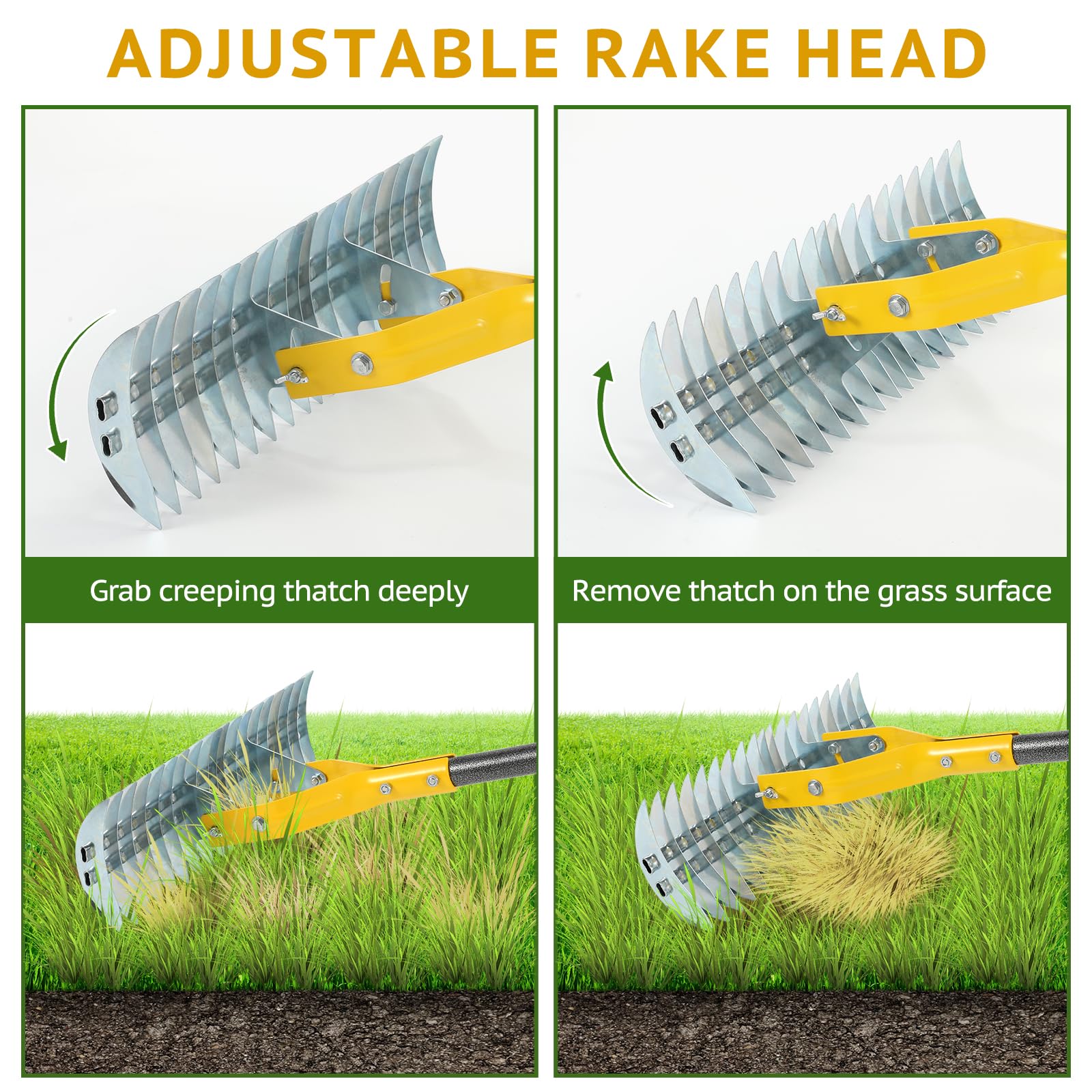 UMEMAXSO Thatch Rake with adjustable handle fits different heights for comfort.