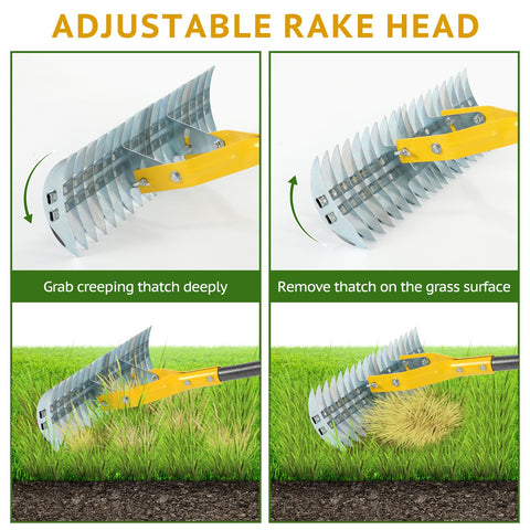 UMEMAXSO Thatch Rake with adjustable handle fits different heights for comfort.