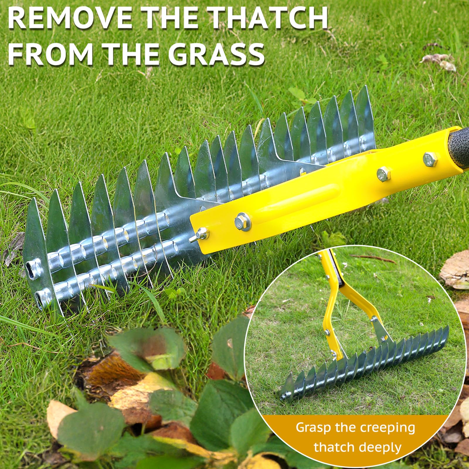UMEMAXSO Thatch Rake with rubber sleeve offers secure ergonomic grip during tasks.