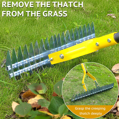 UMEMAXSO Thatch Rake with rubber sleeve offers secure ergonomic grip during tasks.