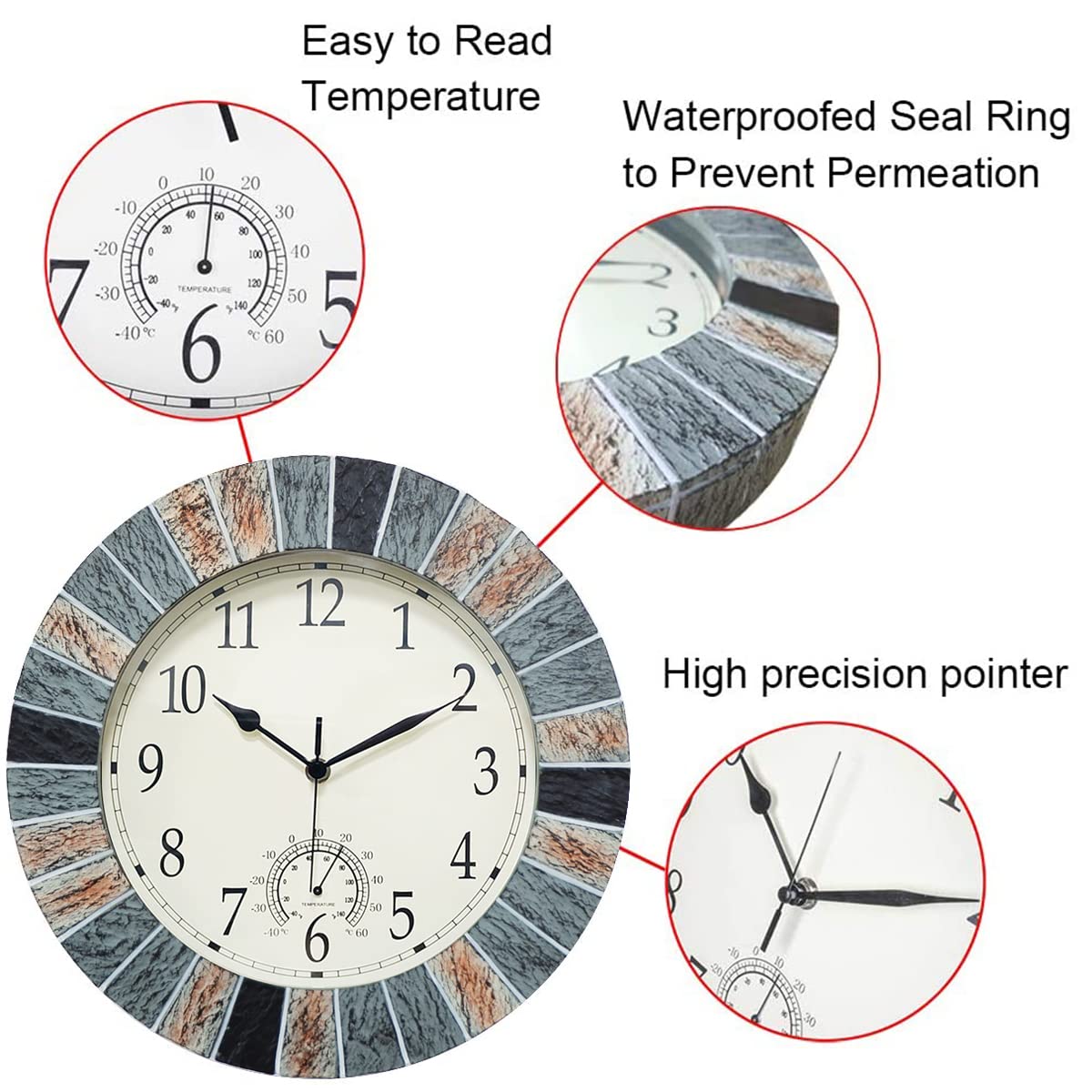 UMEXUS silent quartz movement ensures quiet operation in outdoor spaces.