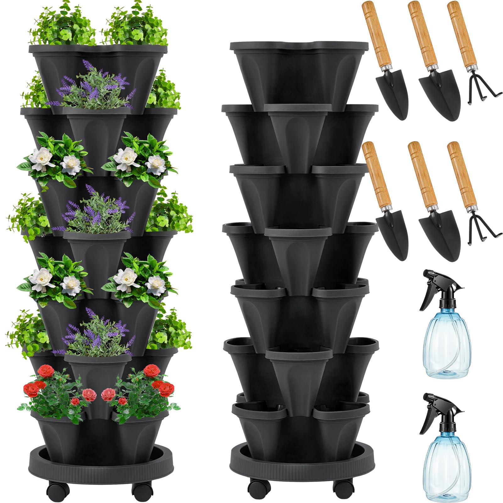 Umigy 2-set 7-tier planter in black for space-saving indoor gardening