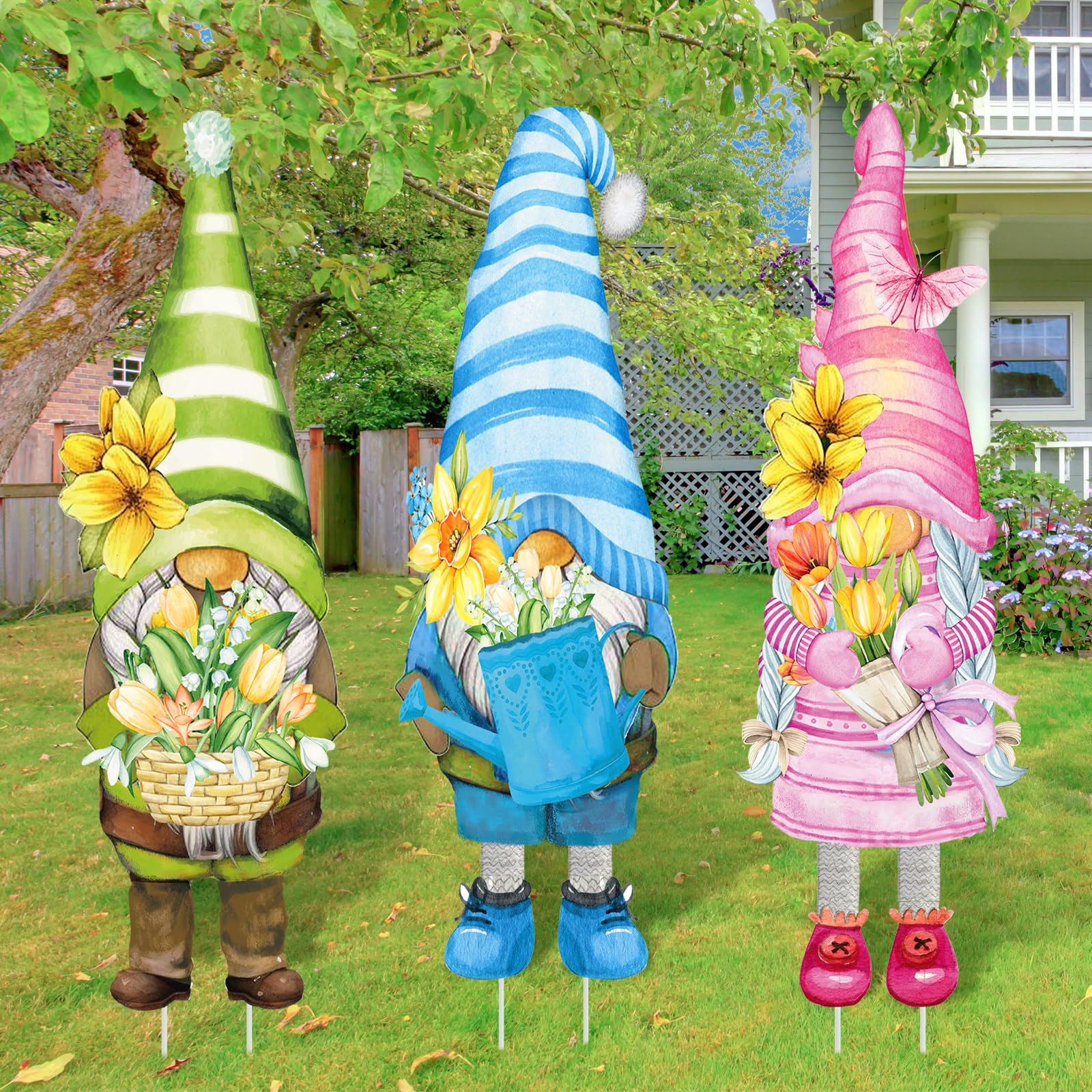 Umigy 3-pcs spring yard gnome signs with stakes brighten the front yard entrance.