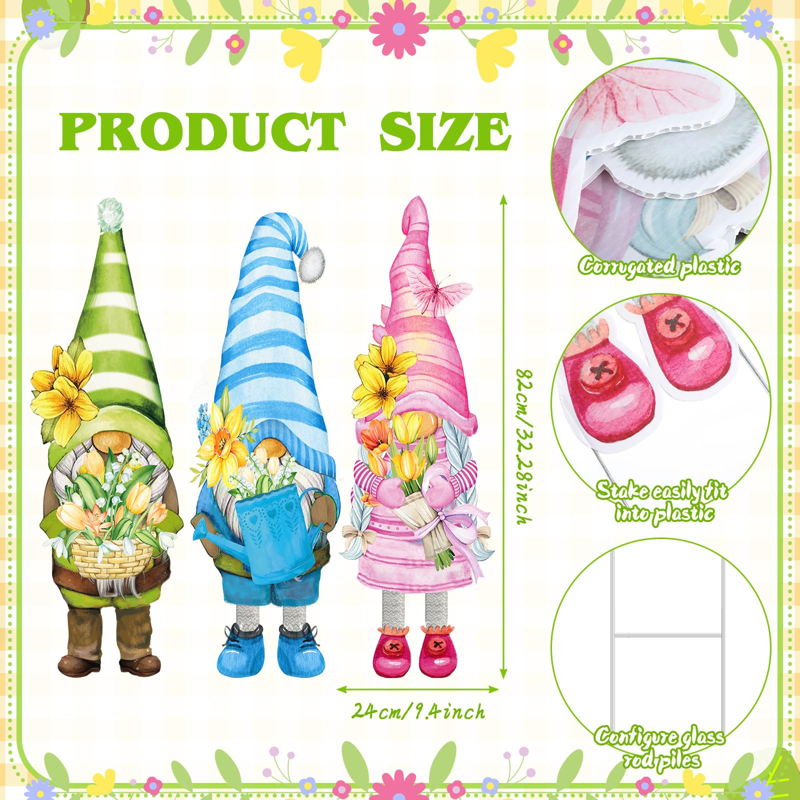 Umigy spring garden gnome sign holding flowers adds festive charm along paths.