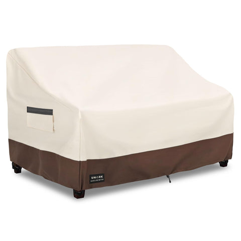 UNARK outdoor 2-seater loveseat cover protecting from rain and dust.