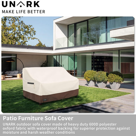 UNARK heavy-duty furniture cover in beige-brown demonstrates durable weather defense.