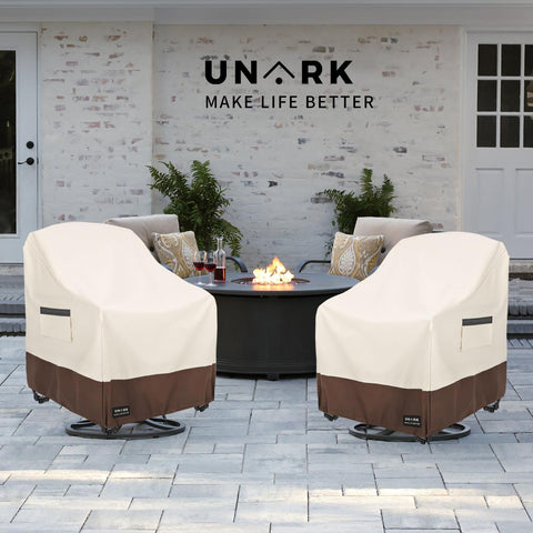 UNARK cover with click-close straps keeps chairs secure on windy days