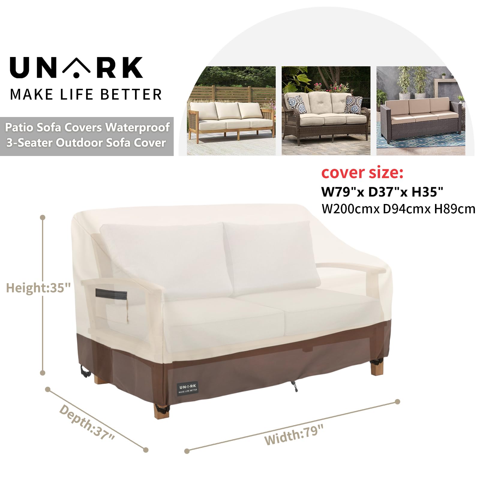 UNARK Patio 3-Seater Sofa Cover side view shows full outdoor protection.