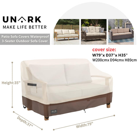 UNARK Patio 3-Seater Sofa Cover side view shows full outdoor protection.