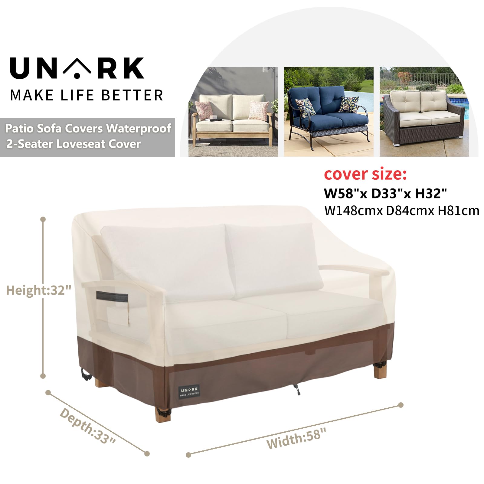 UNARK waterproof patio cover showing rain protection for outdoor furniture.