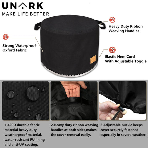 UNARK Yukon fire pit cover windproof buckle shows secure fit in gusty conditions.