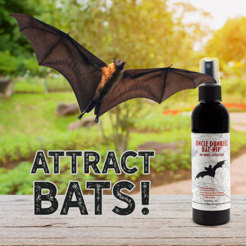 Uncle Dunkels Bat-Nip' Spray shown with Rocket Box bat house for backyard occupancy.