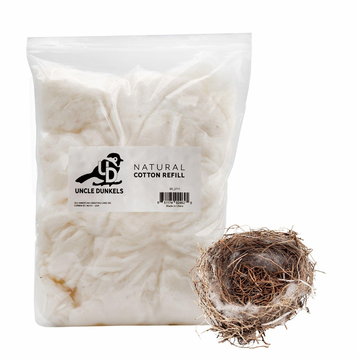 Uncle Dunkels bird nest refill bag ready for quick, mess-free refilling.