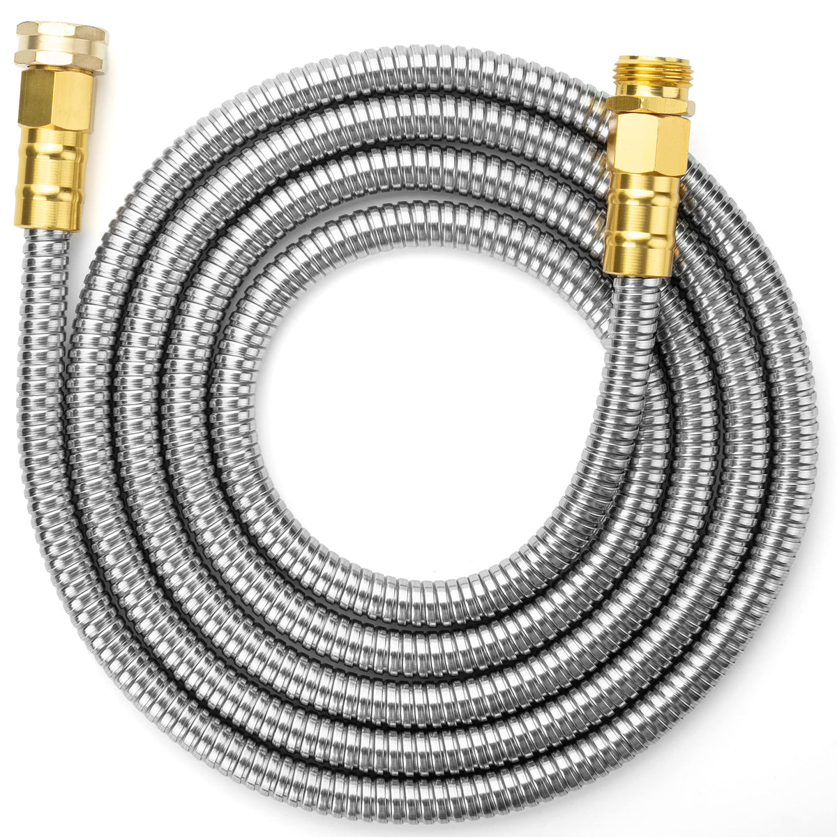 UNCO 10ft stainless steel hose full view for durable, kink-free watering.