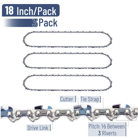 UNCO 18-inch chainsaw chain 3-pack low-profile-pitch image showing precise fit for many saws