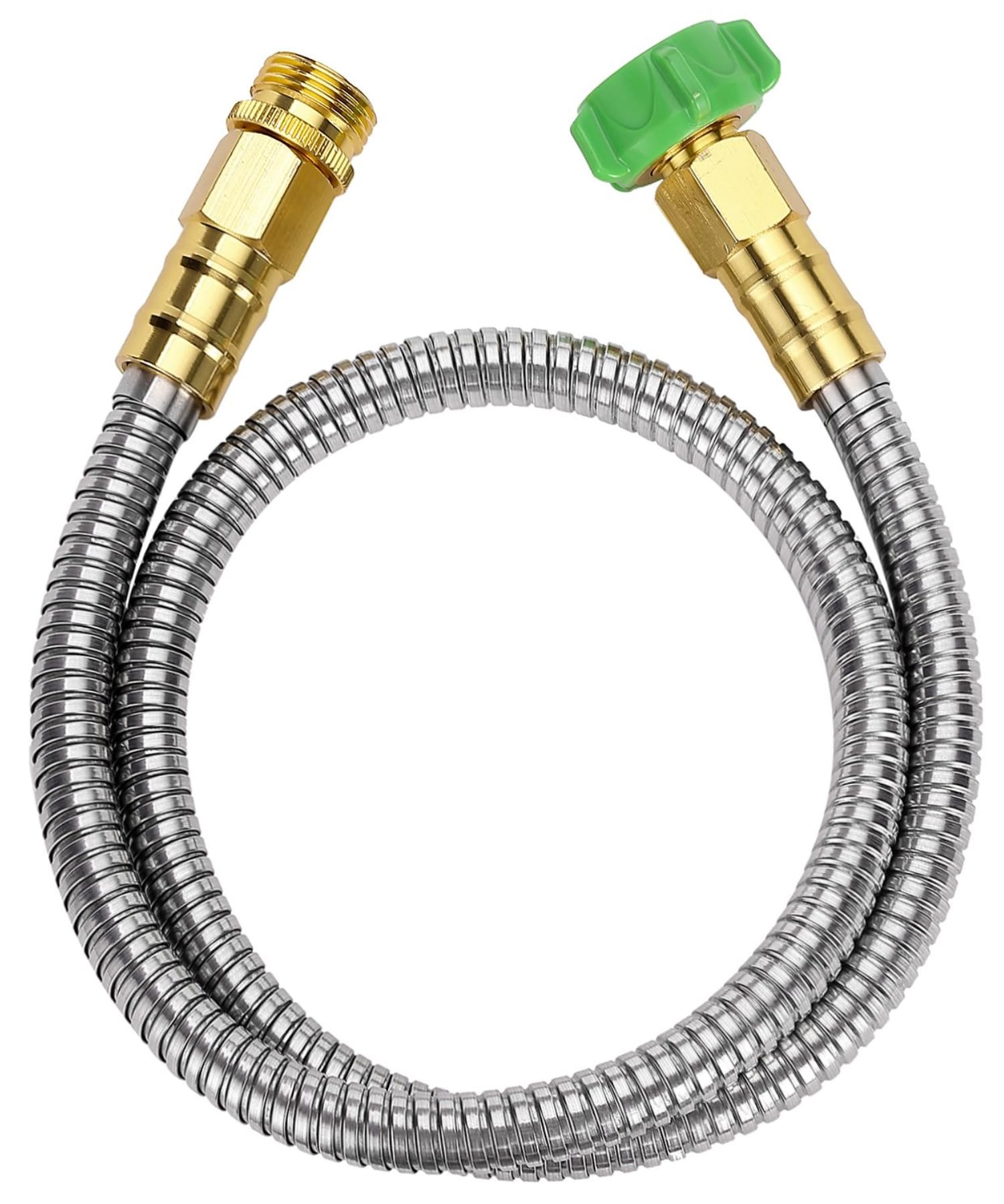 UNCO 3ft stainless steel hose in compact form for easy storage.