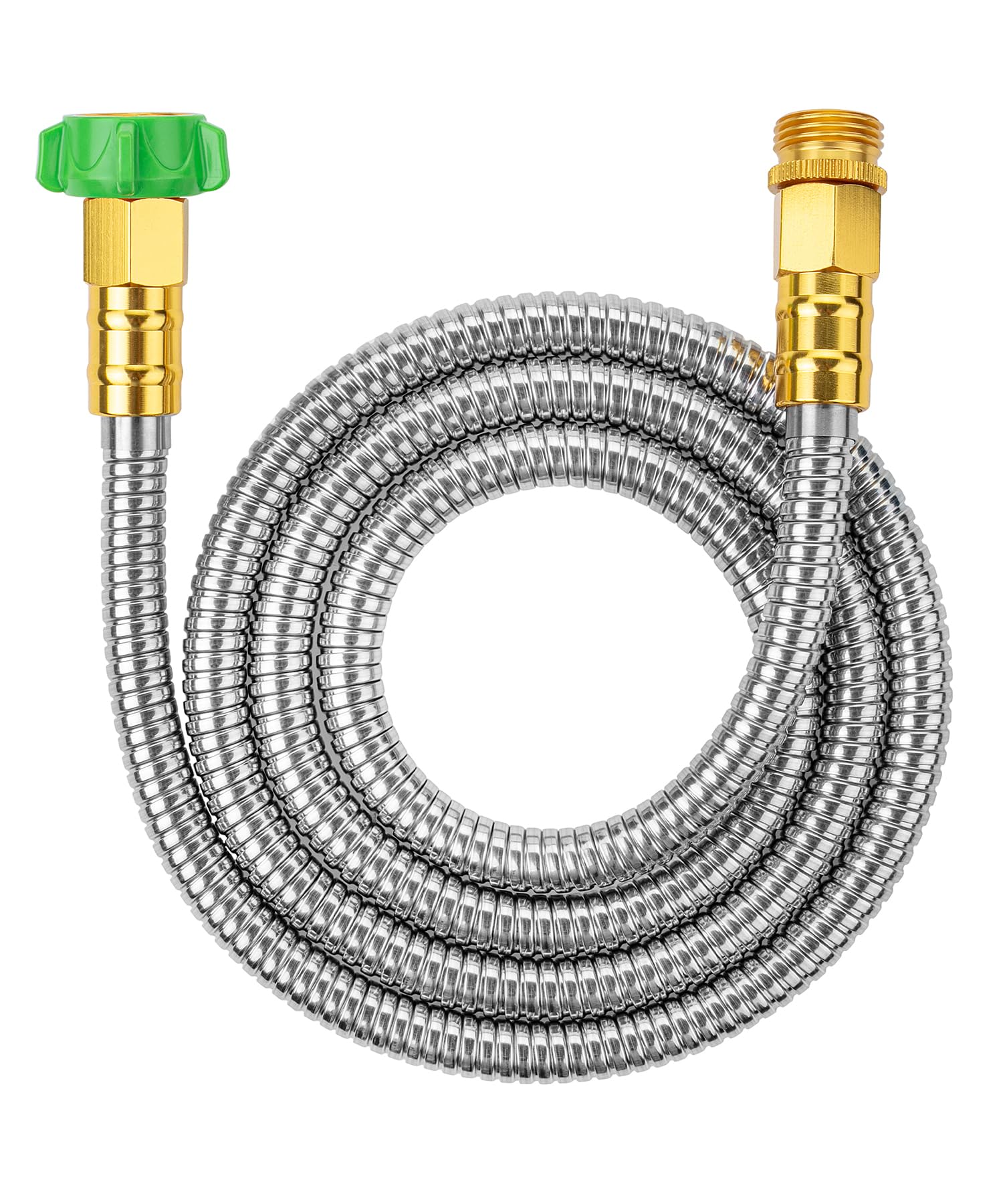 UNCO 6ft stainless steel hose in a compact gardening setup showing steady water flow