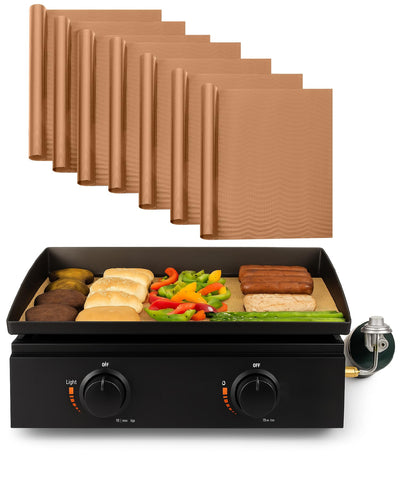 UNCO copper grill mats close-up shows nonstick PTFE-fiberglass coating for safe cooking