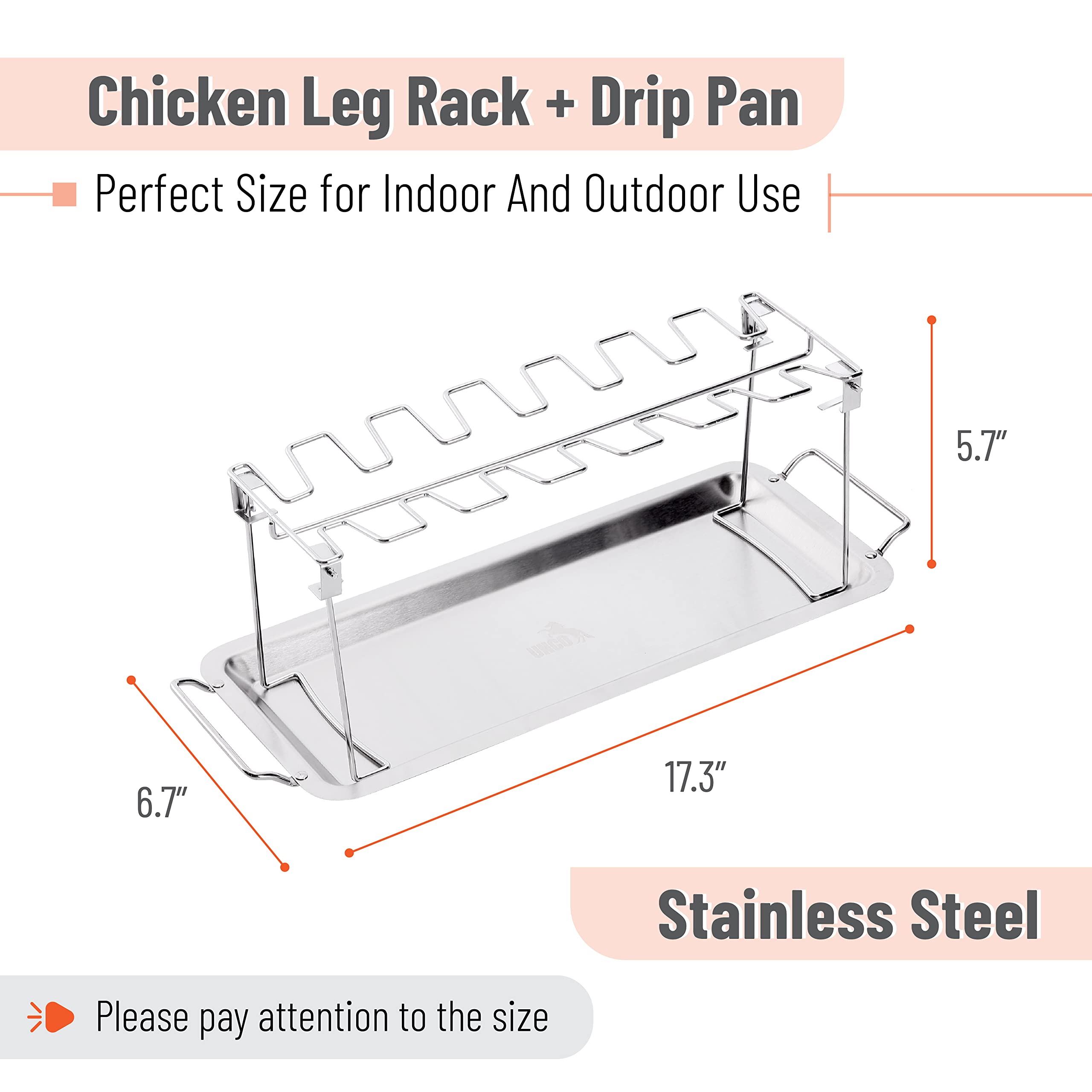 UNCO drip pan beneath rack catches grease for easy cleanup