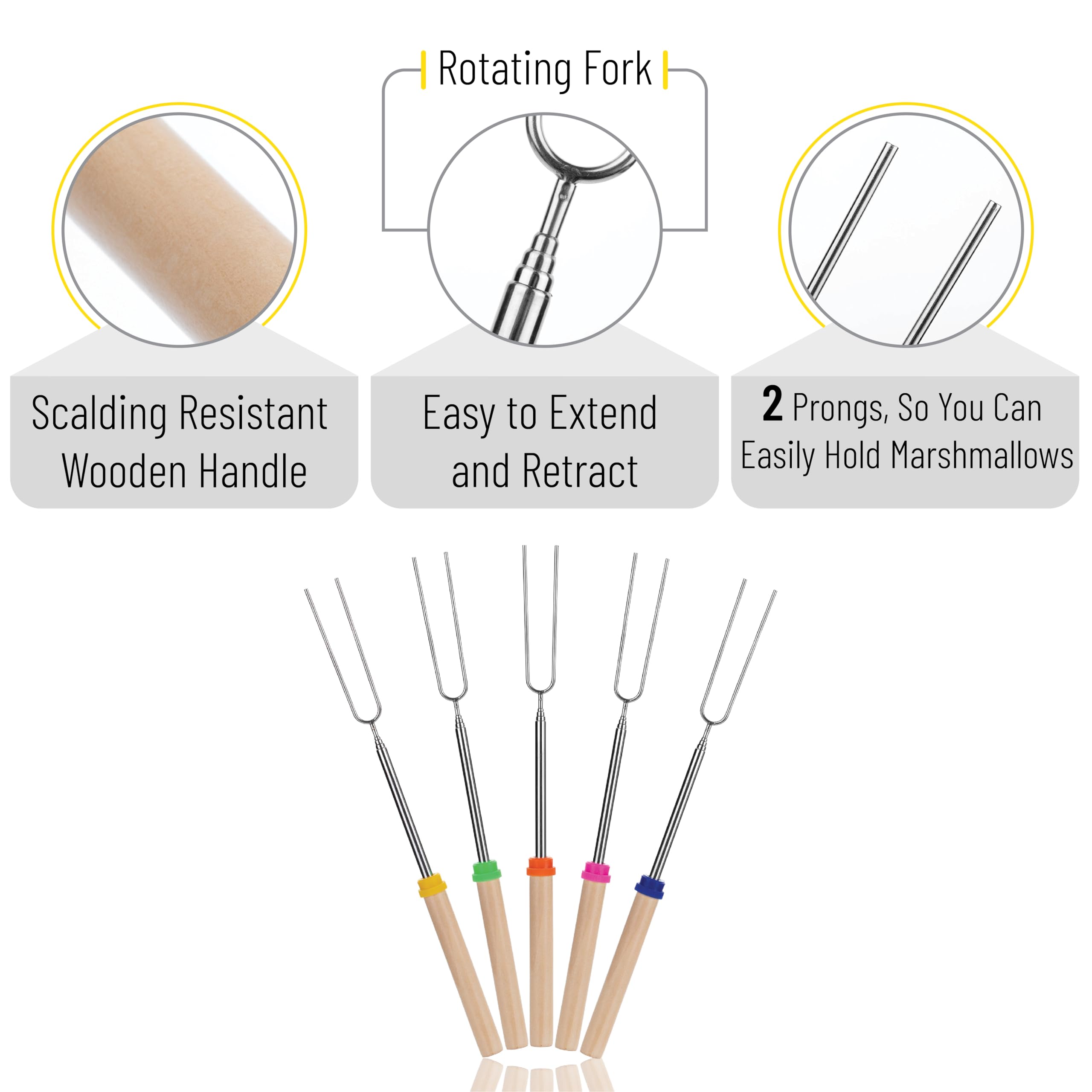 UNCO dual-prong design keeps food secure during campfire roasting.