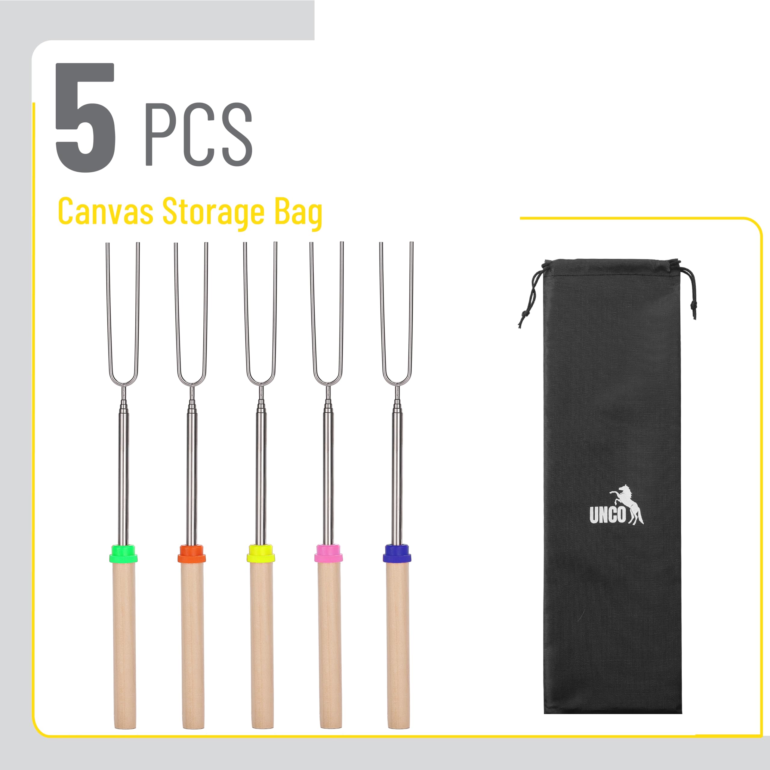 UNCO extendable stainless steel skewers ideal for s'mores and hot dogs over a fire.
